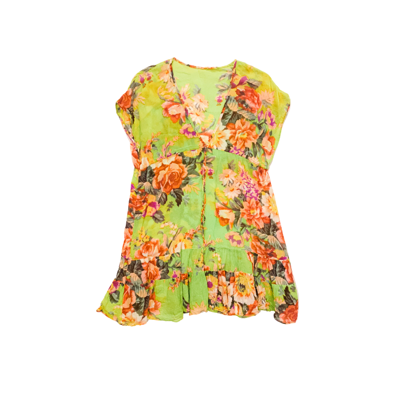 St Tropez Floral Dress Green with Coral Orange & Green Flower Pattern - IWONA-B